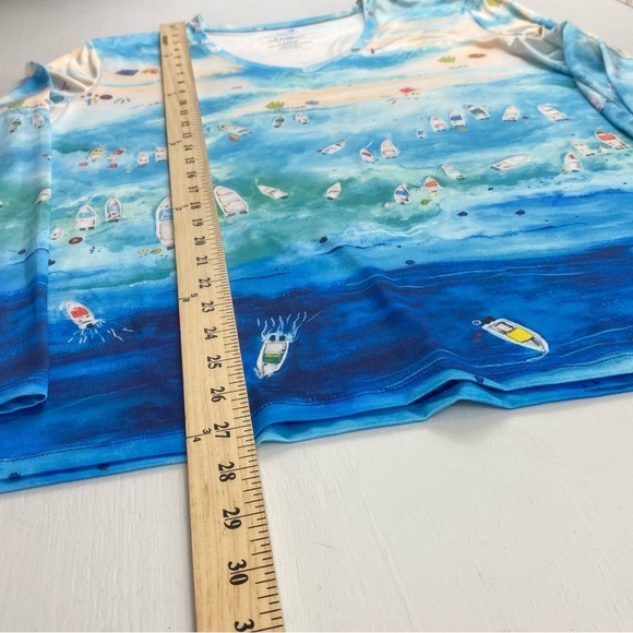 Art & Sol Amber Moran Blue Coastal Beach Boats Scene Top Blouse Sz Large - Picture 8 of 9
